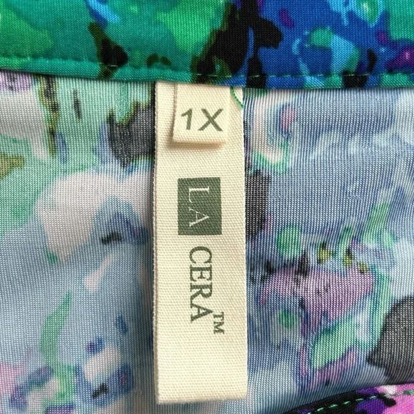 LA Cera Women's 1X Slinky Blouse Arsty Popover Colorful Pleats Stretch V Neck‎ - Picture 11 of 14